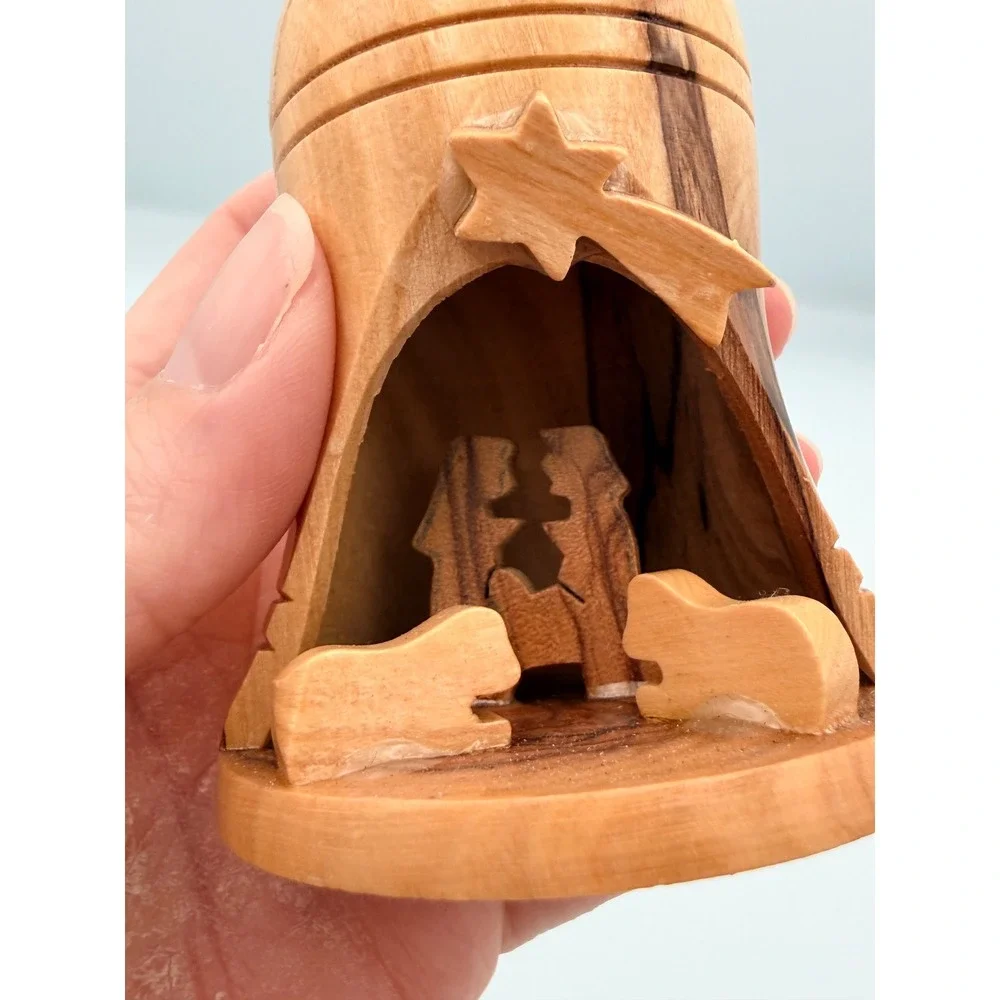 Hand Carved Olive Wood Nativity Scene Bell Ornament Rustic Christmas Decor